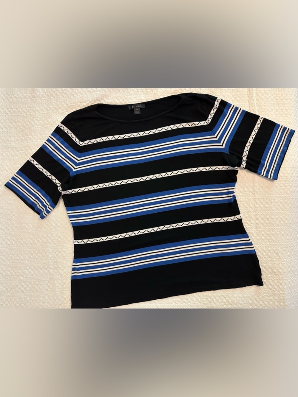 St. John Black, Blue & White Striped Knit Top